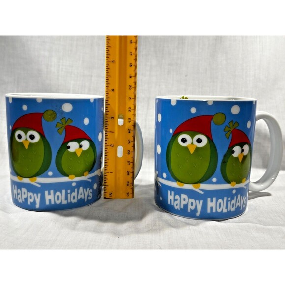 SET OF 2 Pier 1 One Imports Mugs- Happy Holidays Christmas Santa Owls Coffee Tea - Picture 6 of 7